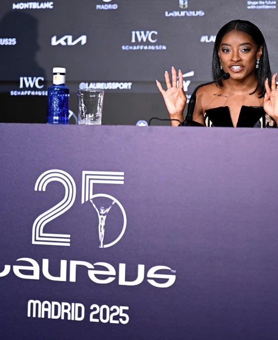 Simone Biles at the Laureus Awards Madrid with Solán de Cabras